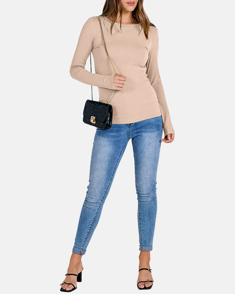 Women Full Length Long Sleeve Rib Knit Slim Fit Tops