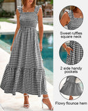 Vestido de guinga retro fluido fruncido con bolsillos