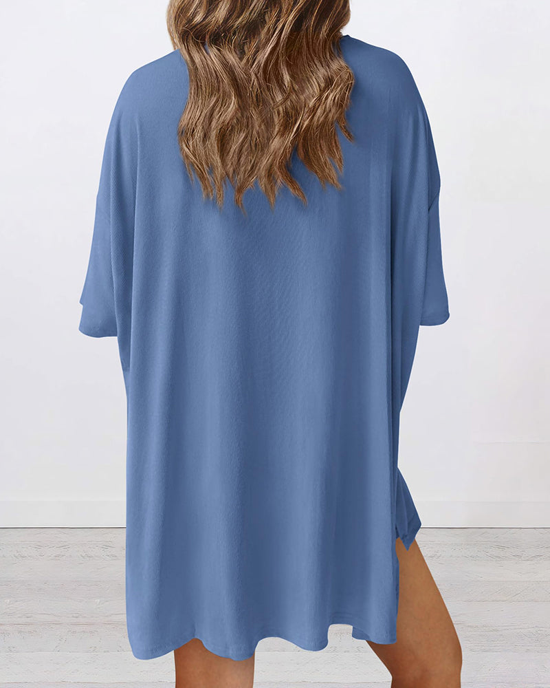 Summer Casual Oversized Lounge Set with Split Hem Shirts & Side Pocket Biker Shorts