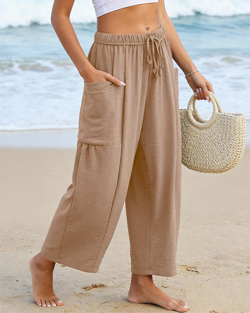 Pantalones harén de pernera ancha para mujer, informales, holgados, con cordón, para verano, con bolsillos