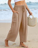 Pantalones harén de pernera ancha para mujer, informales, holgados, con cordón, para verano, con bolsillos