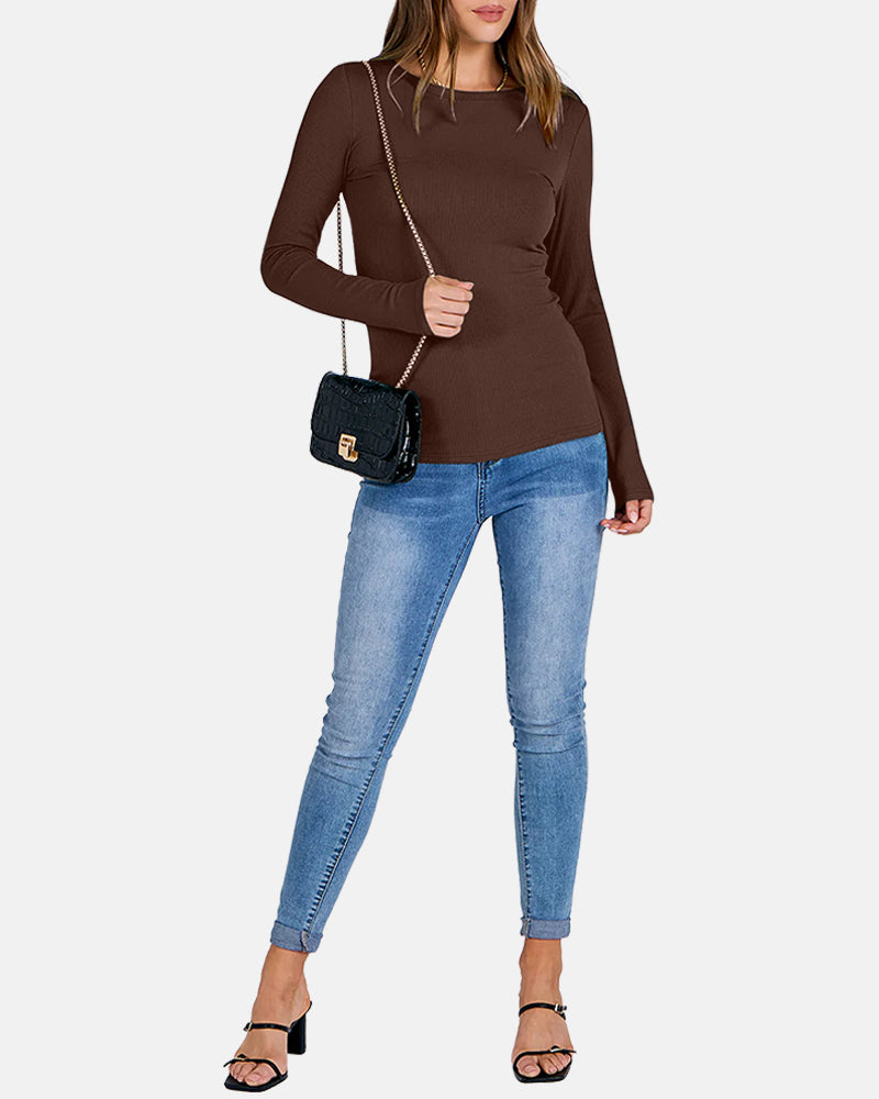 Women Full Length Long Sleeve Rib Knit Slim Fit Tops