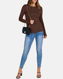 Women Full Length Long Sleeve Rib Knit Slim Fit Tops