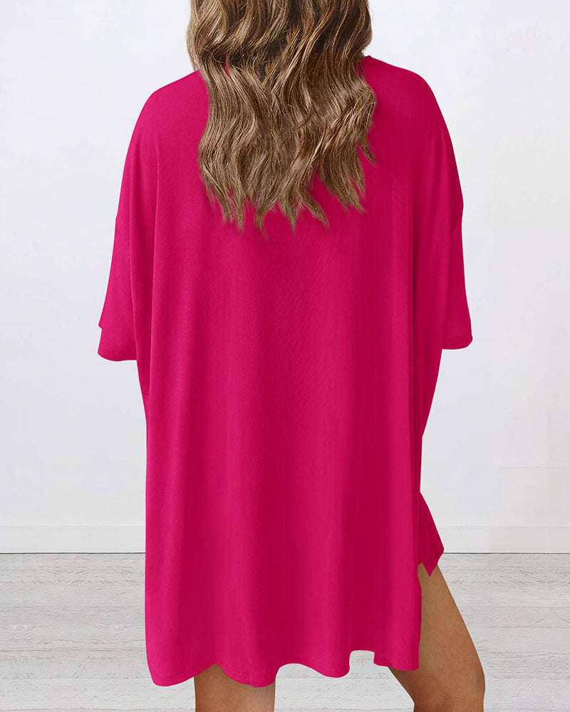 Summer Casual Oversized Lounge Set with Split Hem Shirts & Side Pocket Biker Shorts