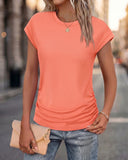 Ruched Cap Short Sleeve  Crew Neck T-shirts