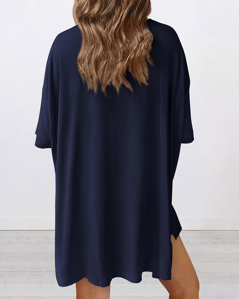 Summer Casual Oversized Lounge Set with Split Hem Shirts & Side Pocket Biker Shorts