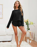 Womens Waffle Knit Pajama Sets Long Sleeve Top and Shorts Matching