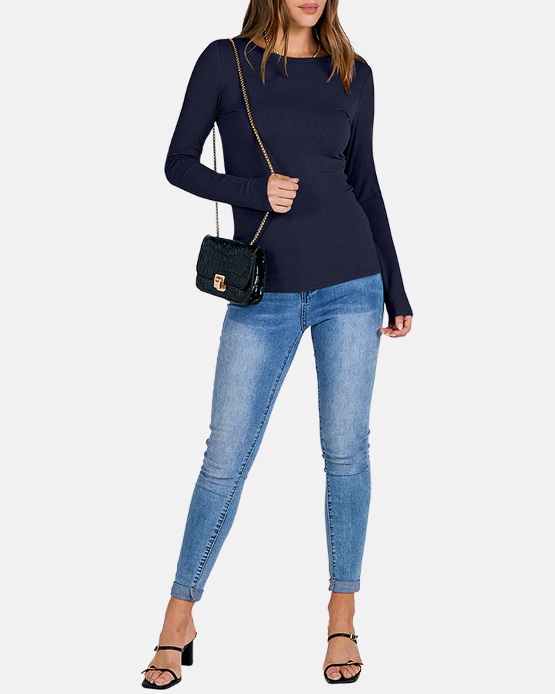 Women Full Length Long Sleeve Rib Knit Slim Fit Tops