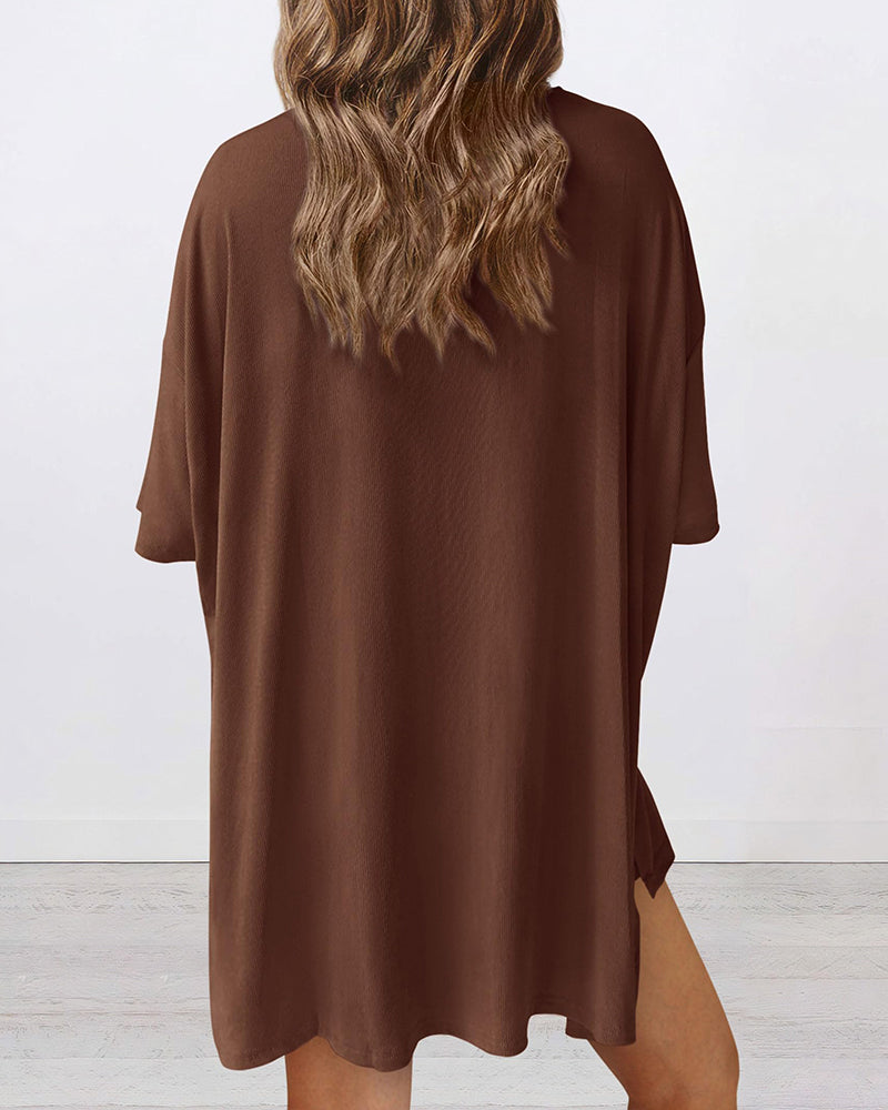 Summer Casual Oversized Lounge Set with Split Hem Shirts & Side Pocket Biker Shorts