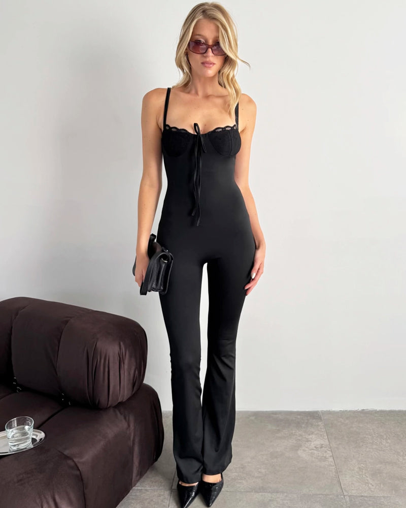 Women's Contrast Lace Knot Front Cami Jumpsuit