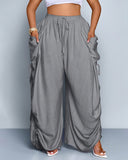 Pantalones de pernera ancha, casuales y de talla grande con ajuste holgado, lazo en la cintura y bolsillos