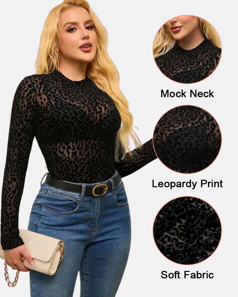 Top de malla transparente sexy con estampado de leopardo y cuello alto