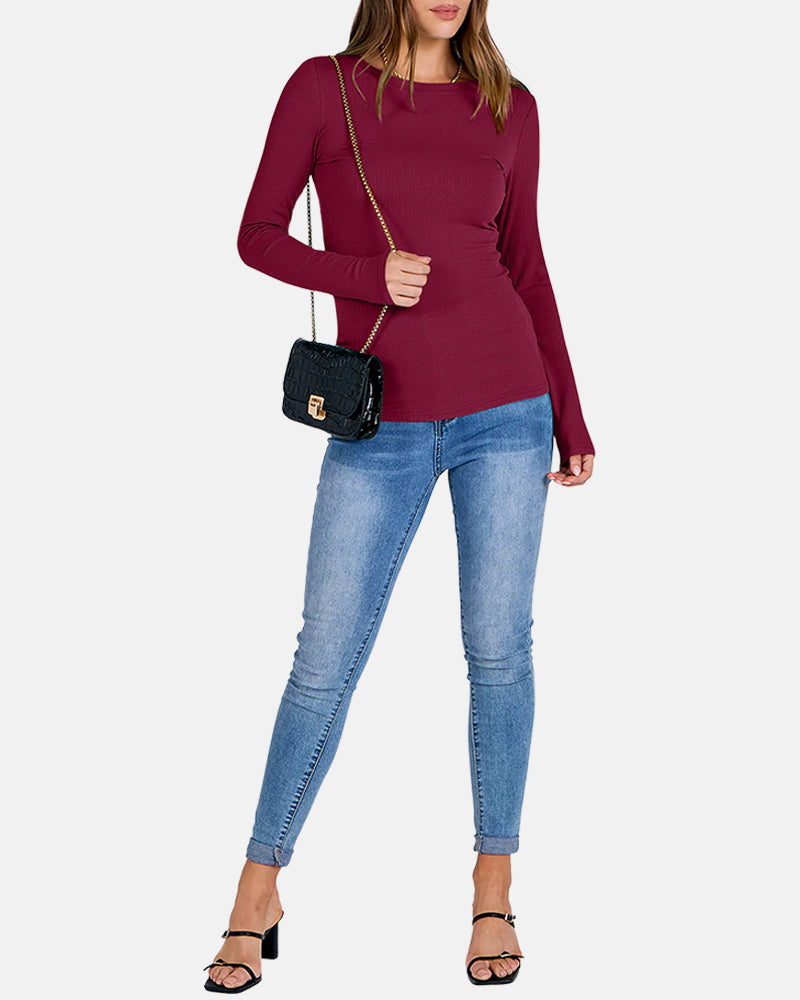 Women Full Length Long Sleeve Rib Knit Slim Fit Tops