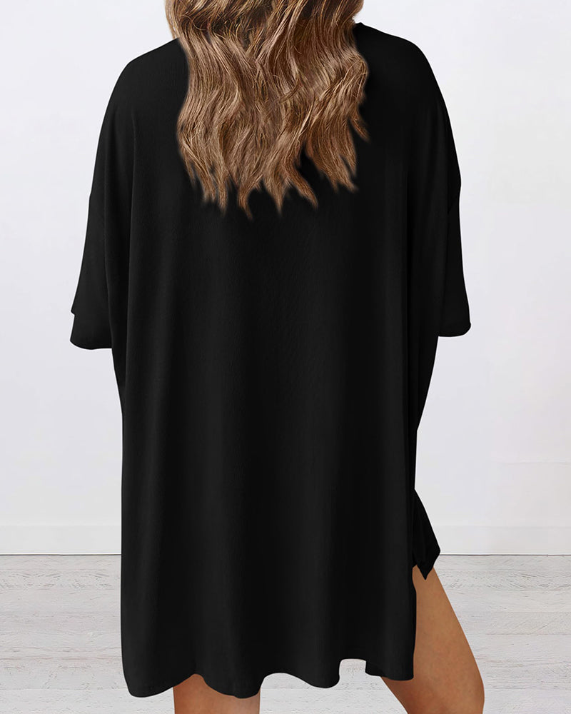 Summer Casual Oversized Lounge Set with Split Hem Shirts & Side Pocket Biker Shorts