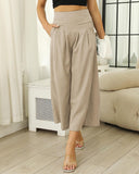 Pantalones Culotte de Lino y Algodón de Cintura Alta y Pierna Ancha para Mujer