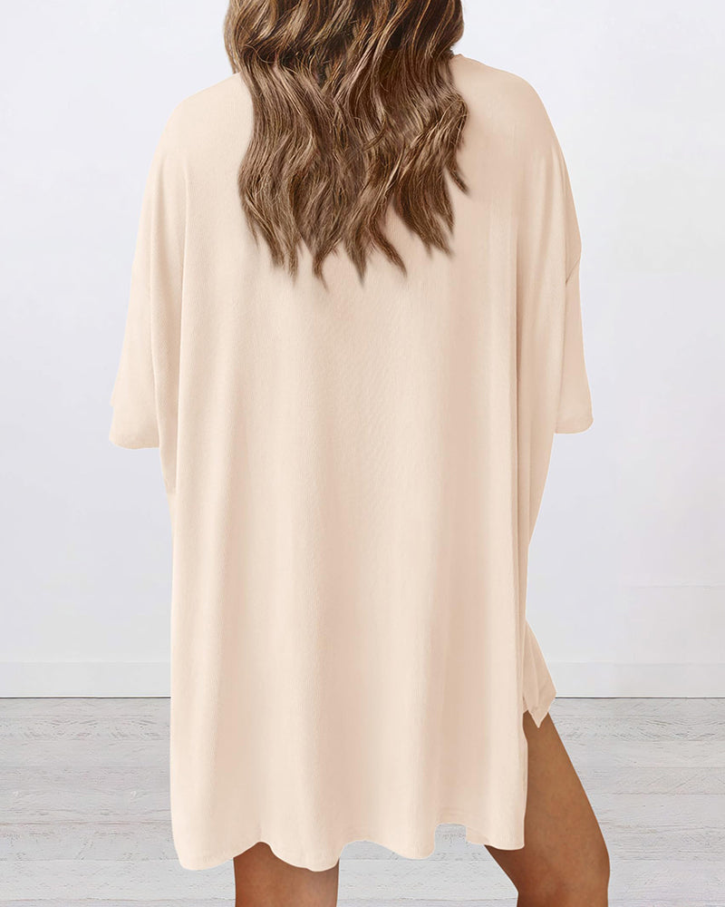 Summer Casual Oversized Lounge Set with Split Hem Shirts & Side Pocket Biker Shorts