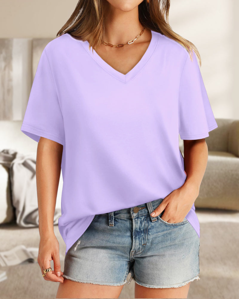 Camisetas de mujer con cuello en V, manga corta, casuales y holgadas