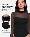 Illusion Mesh Turtleneck Long Sleeve Tummy Control Bodysuit