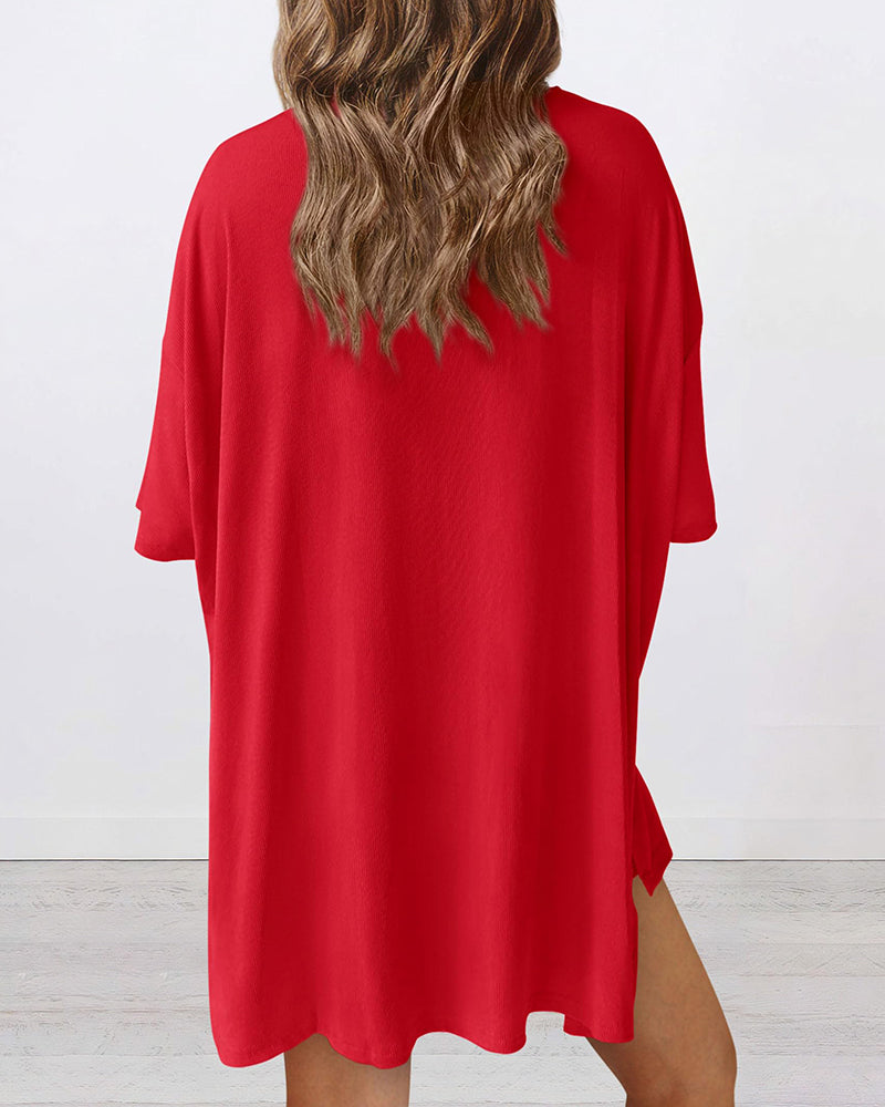 Summer Casual Oversized Lounge Set with Split Hem Shirts & Side Pocket Biker Shorts