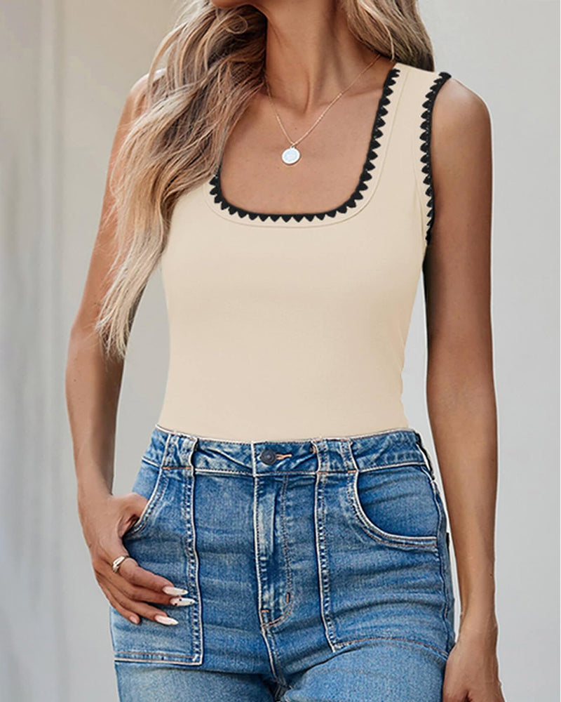 Camisetas sin mangas acanaladas de cuello cuadrado con bloques de color, ajustadas y casuales