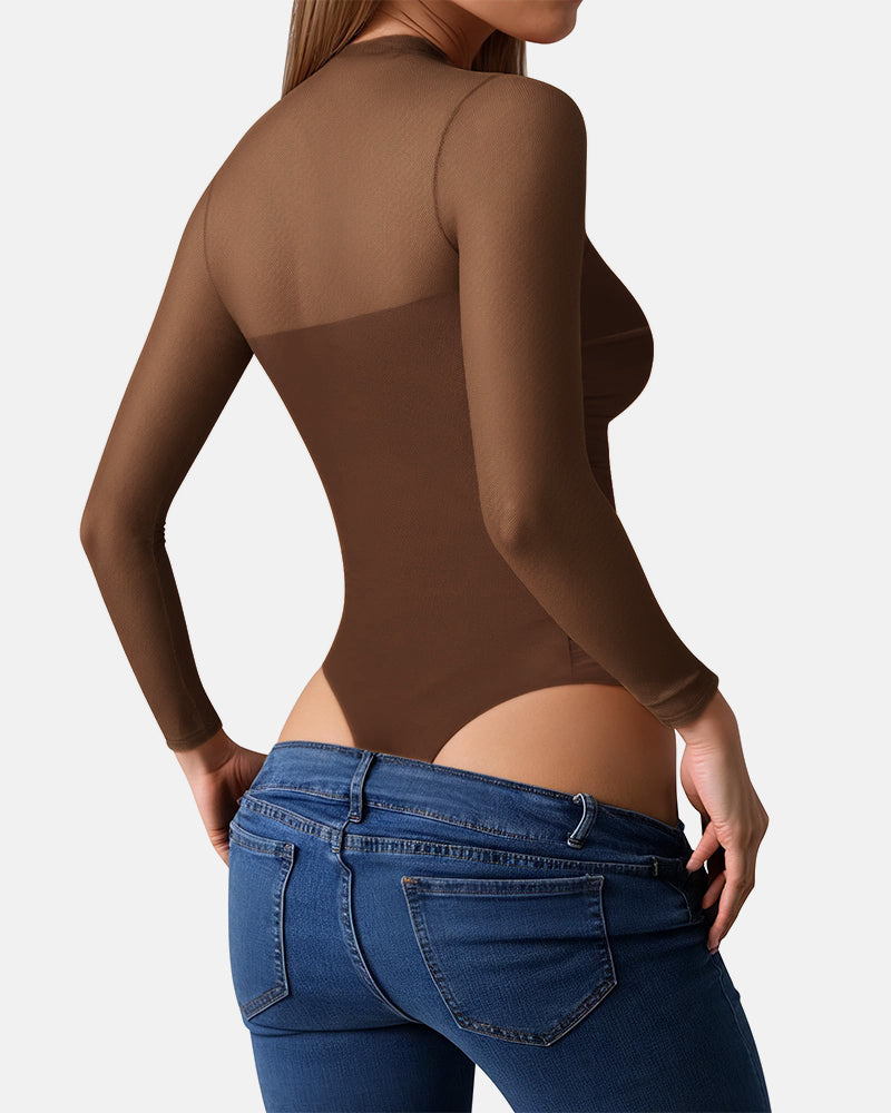 Illusion Mesh Turtleneck Long Sleeve Tummy Control Bodysuit