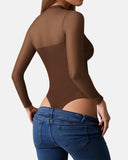 Illusion Mesh Turtleneck Long Sleeve Tummy Control Bodysuit