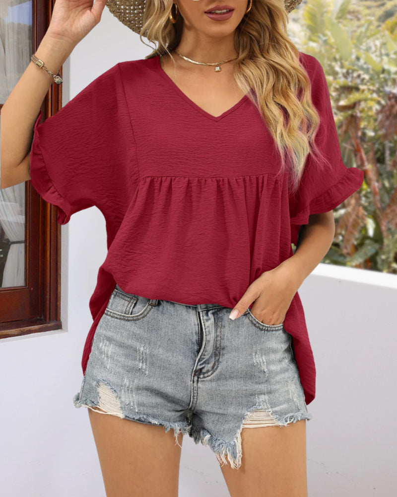 Tops Peplum Babydoll con Cuello en V Casuales y Manga con Volantes