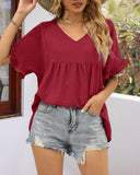 Tops Peplum Babydoll con Cuello en V Casuales y Manga con Volantes