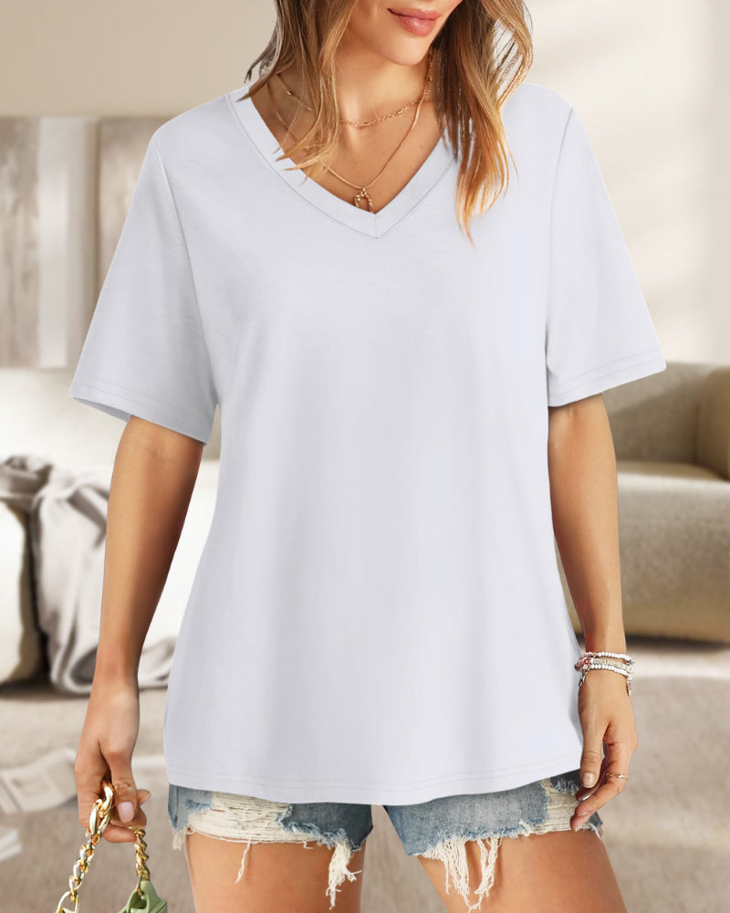 Camisetas de mujer con cuello en V, manga corta, casuales y holgadas