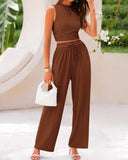 Conjunto de punto acanalado de 2 piezas – Top corto sin mangas y pantalones de pierna ancha
