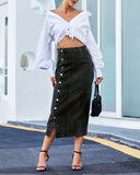 The All-Seasons High Waisted Button Front Denim Skirt