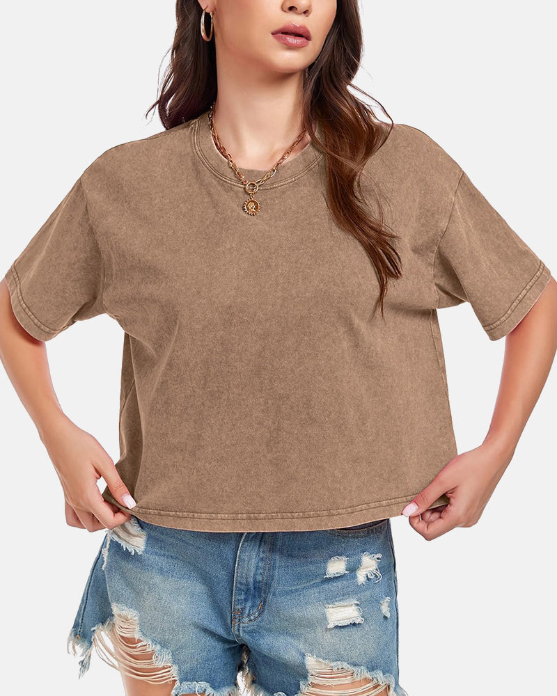 Oversized Vintage Acid Wash Cotton Cropped T Shirts