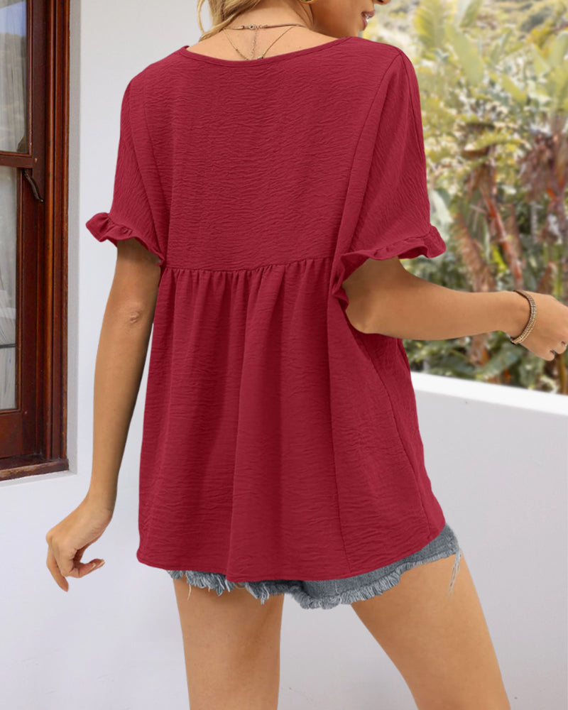 Tops Peplum Babydoll con Cuello en V Casuales y Manga con Volantes