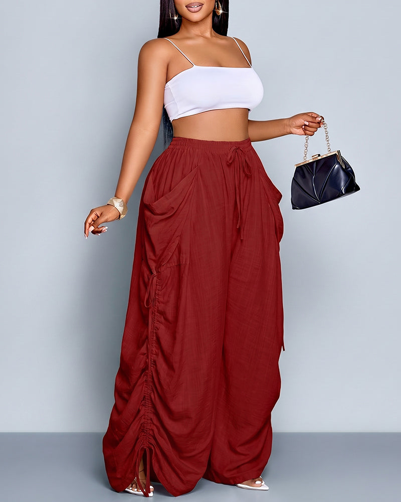 Pantalones de pernera ancha, casuales y de talla grande con ajuste holgado, lazo en la cintura y bolsillos