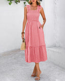 Vestido de guinga retro fluido fruncido con bolsillos