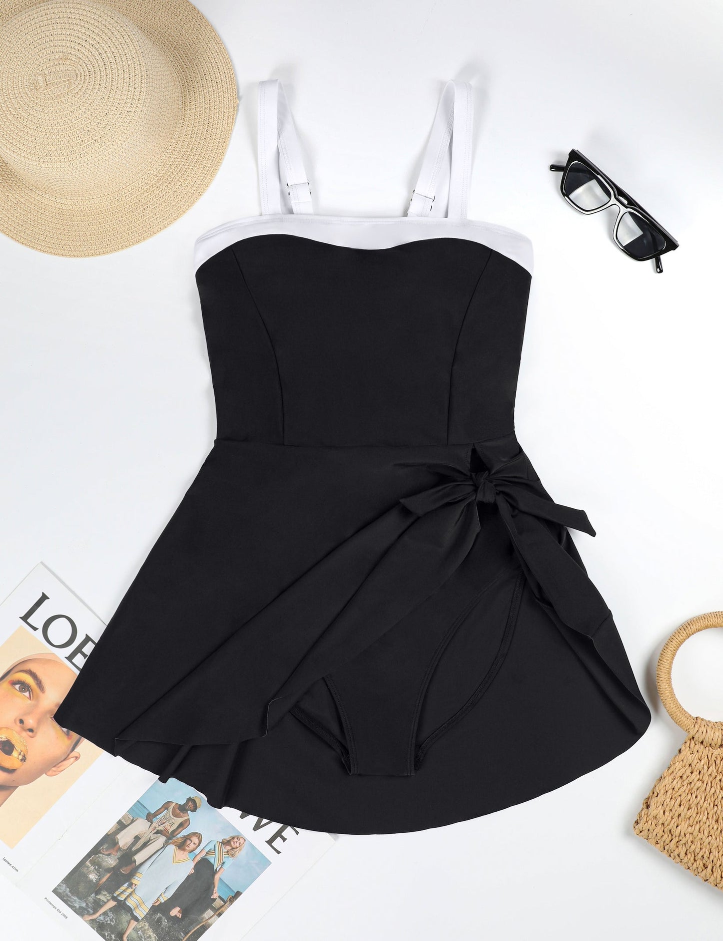 Women Color Block Modest One Piece Retro Swim Dress