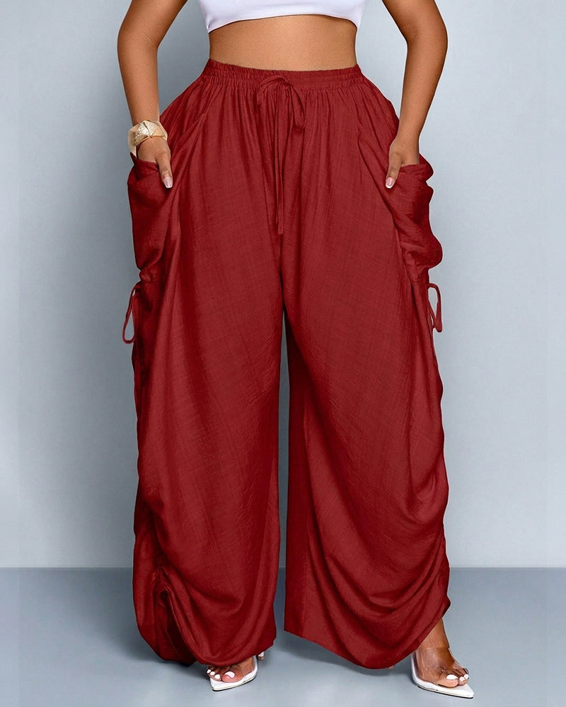 Pantalones de pernera ancha, casuales y de talla grande con ajuste holgado, lazo en la cintura y bolsillos