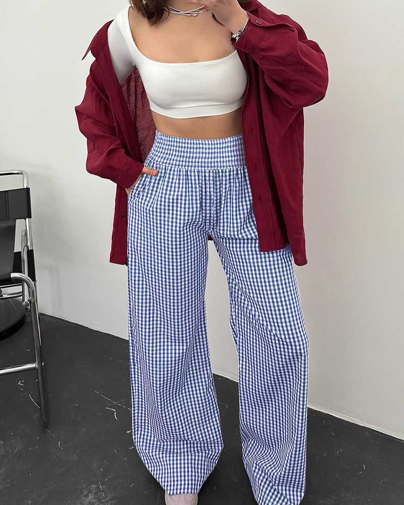Striped Gingham Wide Leg Pants High Waisted with Pockets