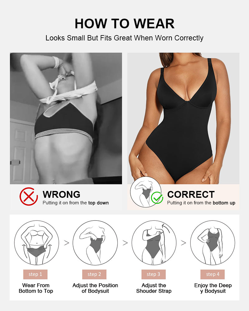 Deep V Neck Tummy Control Thong Bodysuit
