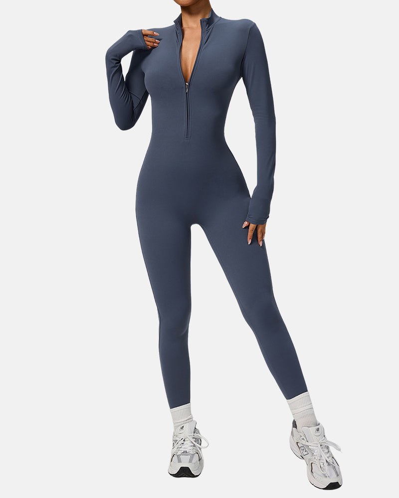 Women Zip Up Long Sleeve Workout Jumpsuit