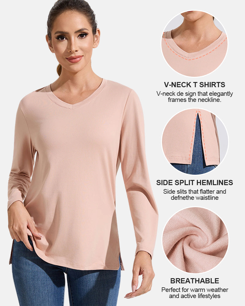 Women’s V-Neck Long Sleeve Casual Top — Loose Fit Basic Tee