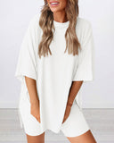 Summer Casual Oversized Lounge Set with Split Hem Shirts & Side Pocket Biker Shorts