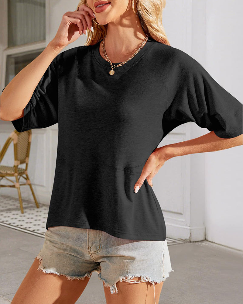 Camisetas de manga murciélago de cuello redondo de color liso