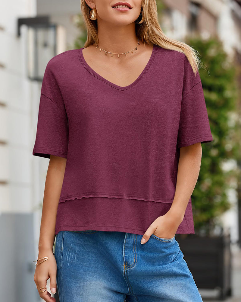 Camiseta de manga corta con cuello en V y ajuste holgado para mujer, de verano