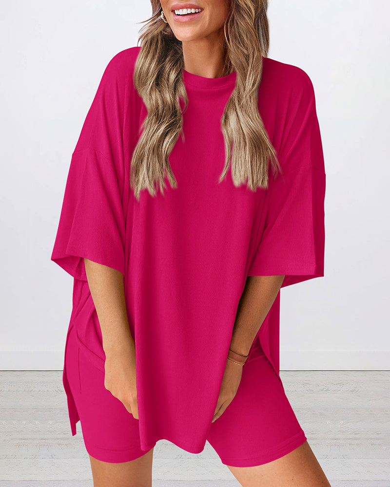 Summer Casual Oversized Lounge Set with Split Hem Shirts & Side Pocket Biker Shorts