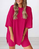 Summer Casual Oversized Lounge Set with Split Hem Shirts & Side Pocket Biker Shorts