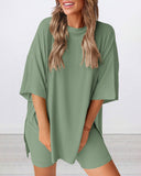 Summer Casual Oversized Lounge Set with Split Hem Shirts & Side Pocket Biker Shorts