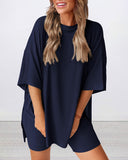 Summer Casual Oversized Lounge Set with Split Hem Shirts & Side Pocket Biker Shorts