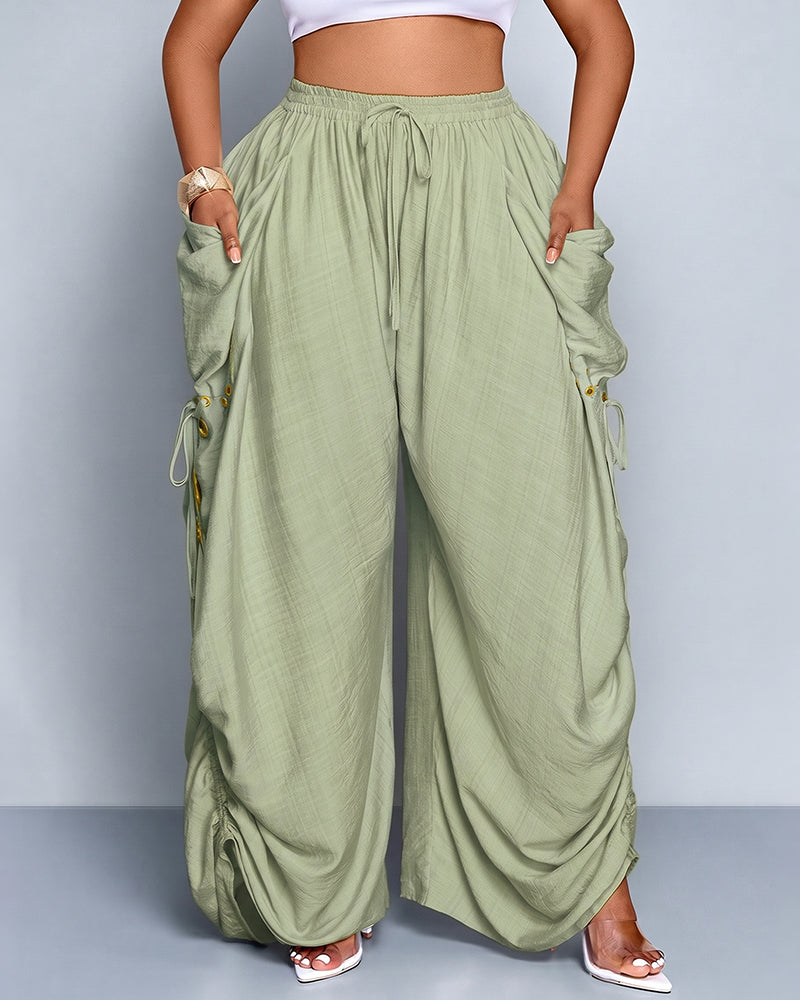 Pantalones de pernera ancha, casuales y de talla grande con ajuste holgado, lazo en la cintura y bolsillos