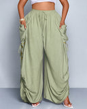 Pantalones de pernera ancha, casuales y de talla grande con ajuste holgado, lazo en la cintura y bolsillos